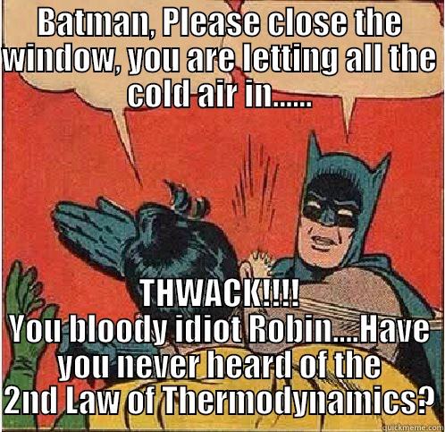 BATMAN, PLEASE CLOSE THE WINDOW, YOU ARE LETTING ALL THE COLD AIR IN...... THWACK!!!! YOU BLOODY IDIOT ROBIN....HAVE YOU NEVER HEARD OF THE 2ND LAW OF THERMODYNAMICS? Batman Slapping Robin