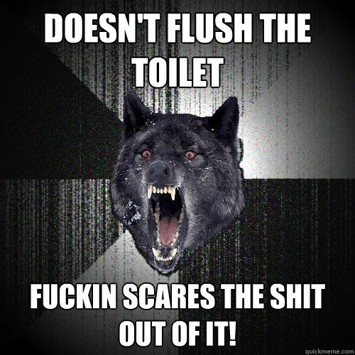 doesn't flush the toilet Fuckin scares the shit out of it!  Insanity Wolf