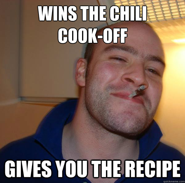 Wins the chili
cook-off gives you the recipe - Wins the chili
cook-off gives you the recipe  Misc