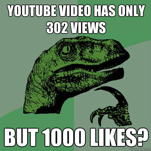 Youtube video has only 302 views But 1000 likes?  Philosoraptor