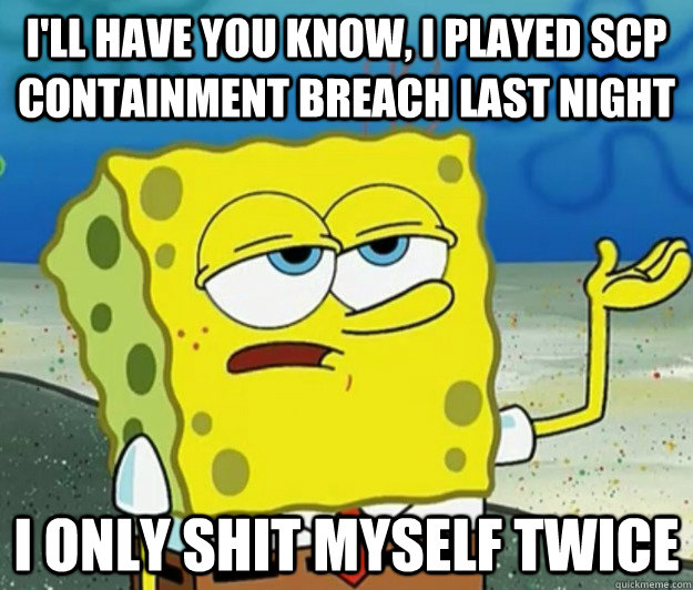 I'll have you know, I played scp containment breach last night  i only shit myself twice  Tough Spongebob