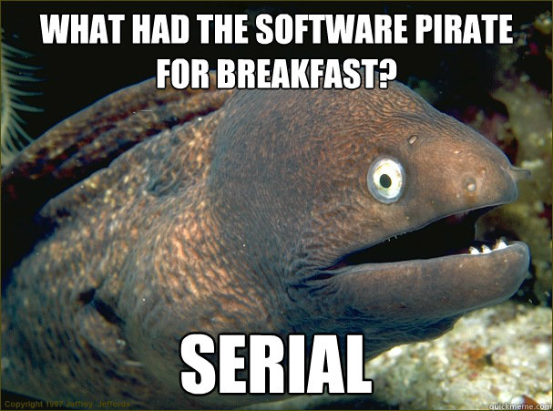 what had the software pirate for breakfast? Serial  Bad Joke Eel