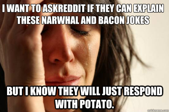 I want to AskReddit if they can explain these narwhal and bacon jokes but I know they will just respond with potato.  First World Problems