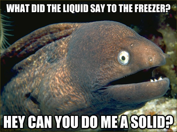 what did the liquid say to the freezer? hey can you do me a solid?  Bad Joke Eel