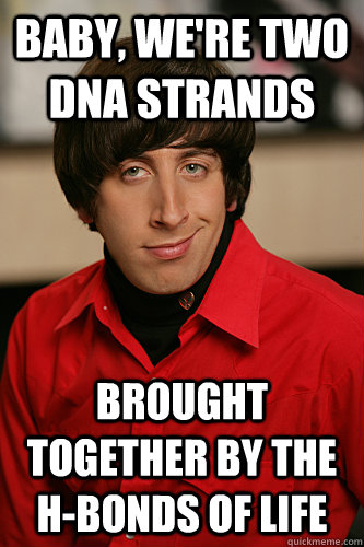 Baby, we're two DNA strands Brought together by the H-bonds of life  Howard Wolowitz