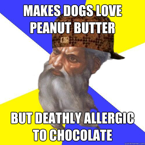 Makes dogs love peanut butter but deathly allergic to chocolate  Scumbag God is an SBF