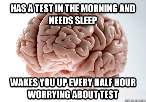 Has a test in the morning and needs sleep Wakes you up every half hour worrying about test  Scumbag Brain