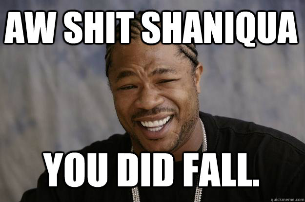 AW SHIT SHANIQUA YOU DID FALL.  Xzibit meme