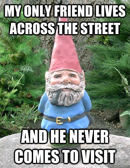 My only friend lives across the street and he never comes to visit - My only friend lives across the street and he never comes to visit  Forever a Gnome