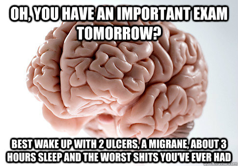 Oh, you have an important exam tomorrow? Best wake up with 2 ulcers, a migrane, about 3 hours sleep and the worst shits you've ever had  - Oh, you have an important exam tomorrow? Best wake up with 2 ulcers, a migrane, about 3 hours sleep and the worst shits you've ever had   Scumbag Brain