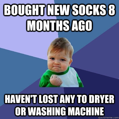 Bought new socks 8 months ago haven't lost any to dryer or washing machine  Success Kid