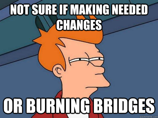 Not sure if making needed changes Or burning bridges  Futurama Fry