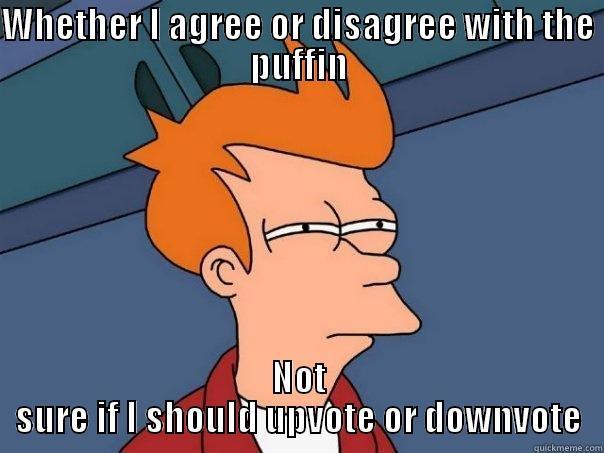 WHETHER I AGREE OR DISAGREE WITH THE PUFFIN NOT SURE IF I SHOULD UPVOTE OR DOWNVOTE Futurama Fry