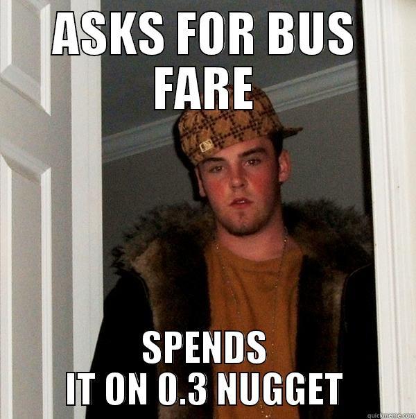 ASKS FOR BUS FARE SPENDS IT ON 0.3 NUGGET Scumbag Steve