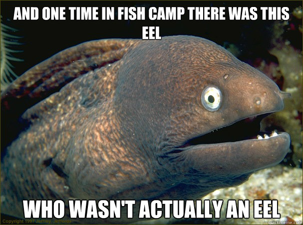 and one time in fish camp there was this eel who wasn't actually an eel - and one time in fish camp there was this eel who wasn't actually an eel  Bad Joke Eel