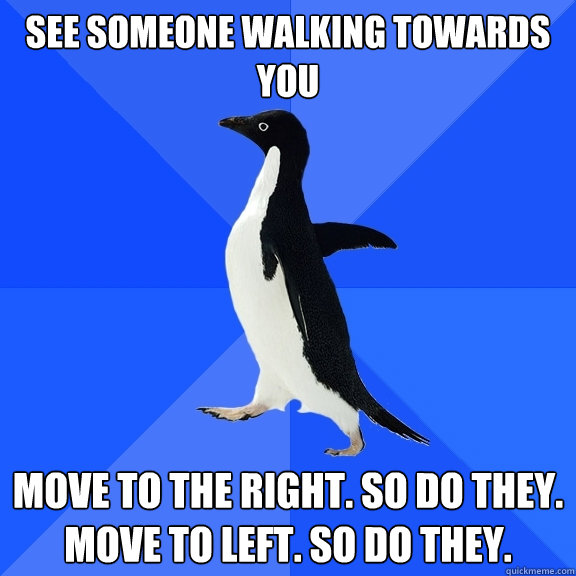 see someone walking towards you move to the right. so do they. move to left. so do they.  Socially Awkward Penguin