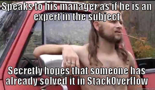 Perfect Programmer - SPEAKS TO HIS MANAGER AS IF HE IS AN EXPERT IN THE SUBJECT SECRETLY HOPES THAT SOMEONE HAS ALREADY SOLVED IT IN STACKOVERFLOW Almost Politically Correct Redneck