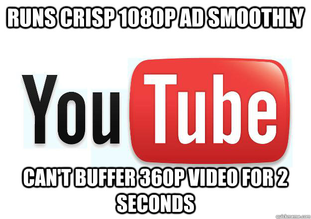 Runs crisp 1080p ad smoothly Can't buffer 360p video for 2 seconds  Scumbag Youtube