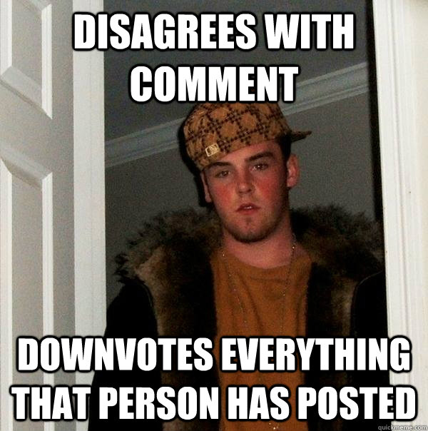 disagrees with comment downvotes everything that person has posted  Scumbag Steve