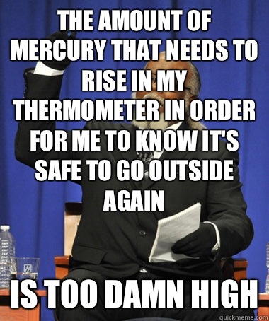 The amount of mercury that needs to rise in my thermometer in order for me to know it's safe to go outside again Is too damn high - The amount of mercury that needs to rise in my thermometer in order for me to know it's safe to go outside again Is too damn high  The Rent Is Too Damn High