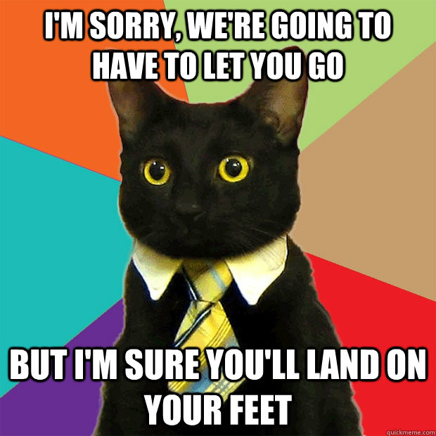 I'M SORRY, WE'RE GOING TO HAVE TO LET YOU GO BUT I'M SURE YOU'LL LAND ON YOUR FEET - I'M SORRY, WE'RE GOING TO HAVE TO LET YOU GO BUT I'M SURE YOU'LL LAND ON YOUR FEET  Business Cat