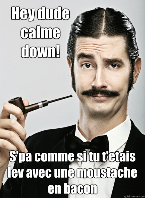 Hey dude calme down! S'pa comme si tu t'etais levé avec une moustache en bacon  Le Snob