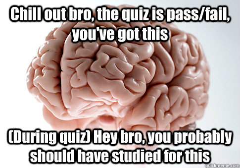 Chill out bro, the quiz is pass/fail, you've got this (During quiz) Hey bro, you probably should have studied for this  Scumbag Brain