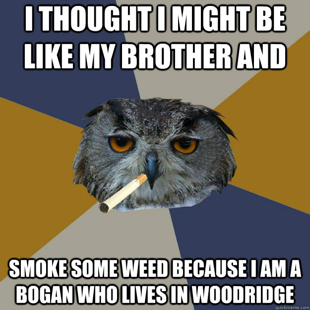 i thought i might be like my brother and smoke some weed because i am a bogan who lives in woodridge - i thought i might be like my brother and smoke some weed because i am a bogan who lives in woodridge  Art Student Owl