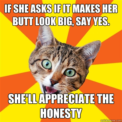 If she asks if it makes her butt look big, say yes. She'll appreciate the honesty  Bad Advice Cat