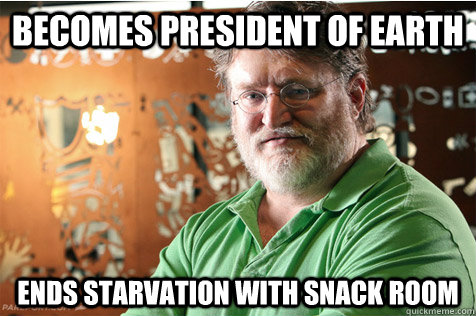 becomes president of earth ends starvation with snack room  Good Guy Gabe