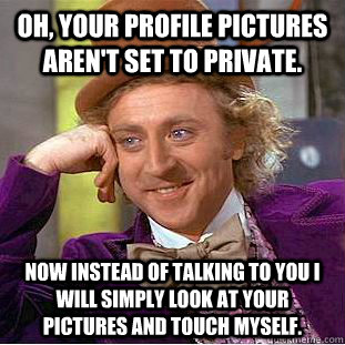 Oh, your profile pictures aren't set to private. Now instead of talking to you I will simply look at your pictures and touch myself.  Condescending Wonka