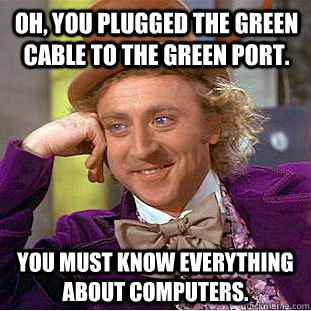 Oh, You plugged the green cable to the green port. You must know everything about computers.  Creepy Wonka