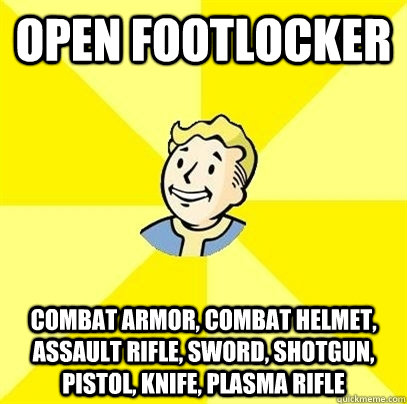 Open Footlocker Combat Armor, Combat Helmet, Assault Rifle, Sword, Shotgun, Pistol, Knife, Plasma Rifle  Fallout 3