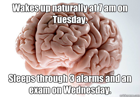 Wakes up naturally at 7 am on Tuesday. Sleeps through 3 alarms and an exam on Wednesday.   Scumbag Brain