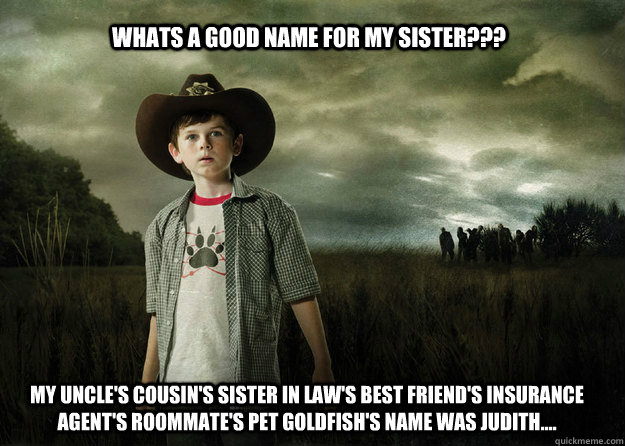 Whats a good name for my sister??? My uncle's cousin's sister in law's best friend's insurance agent's roommate's pet goldfish's name was Judith....  Carl Grimes Walking Dead