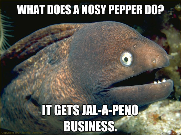 What does a nosy pepper do? It gets jal-a-peno 
business.  Bad Joke Eel