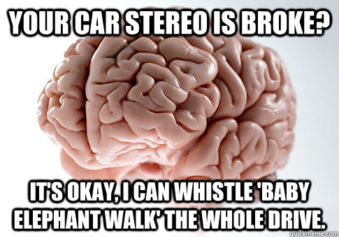 YOUR CAR STEREO IS BROKE? IT'S OKAY, I CAN WHISTLE 'BABY ELEPHANT WALK' THE WHOLE DRIVE.   Scumbag Brain