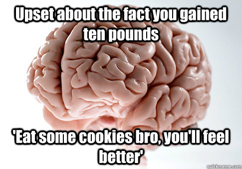 Upset about the fact you gained ten pounds 'Eat some cookies bro, you'll feel better' - Upset about the fact you gained ten pounds 'Eat some cookies bro, you'll feel better'  Scumbag Brain