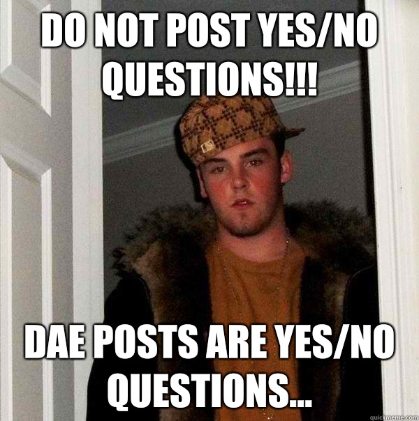 DO NOT POST YES/NO QUESTIONS!!! dae posts are yes/no questions...  Scumbag Steve