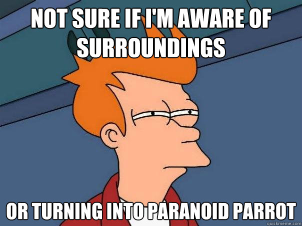 Not sure if i'm aware of surroundings Or turning into paranoid parrot  Futurama Fry