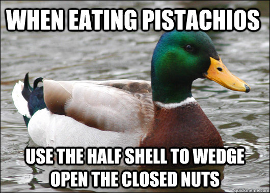 When eating pistachios use the half shell to wedge open the closed nuts - When eating pistachios use the half shell to wedge open the closed nuts  Actual Advice Mallard