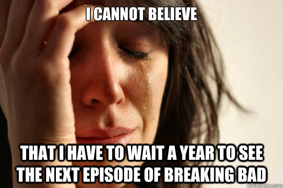 I cannot believe that I have to wait a year to see the next episode of breaking bad  First World Problems