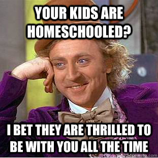 Your kids are homeschooled? I bet they are thrilled to be with you all the time - Your kids are homeschooled? I bet they are thrilled to be with you all the time  Condescending Wonka