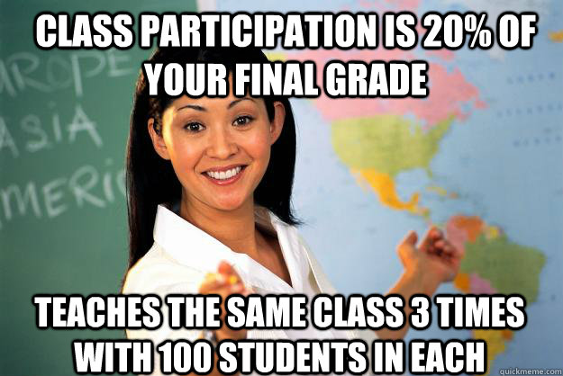 Class participation is 20% of your final grade Teaches the same class 3 times with 100 students in each  Unhelpful High School Teacher