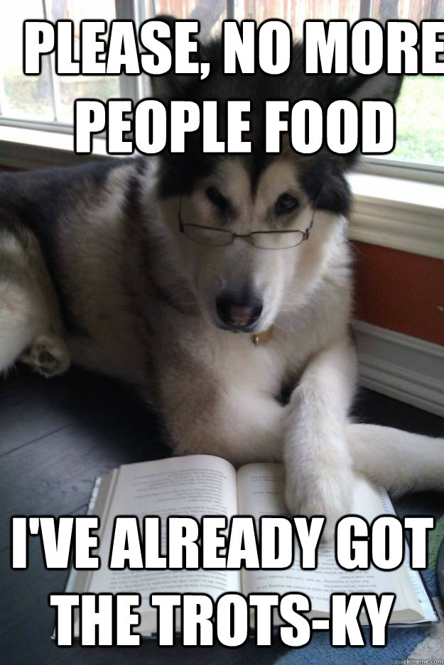 please, no more people food i've already got the trots-ky  Condescending Literary Pun Dog