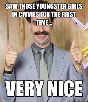 Saw those youngster girls in civvies for the first time... Very nice  Borat