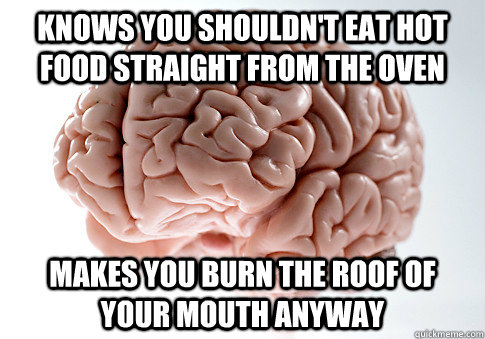 knows you shouldn't eat hot food straight from the oven makes you burn the roof of your mouth anyway   Scumbag Brain