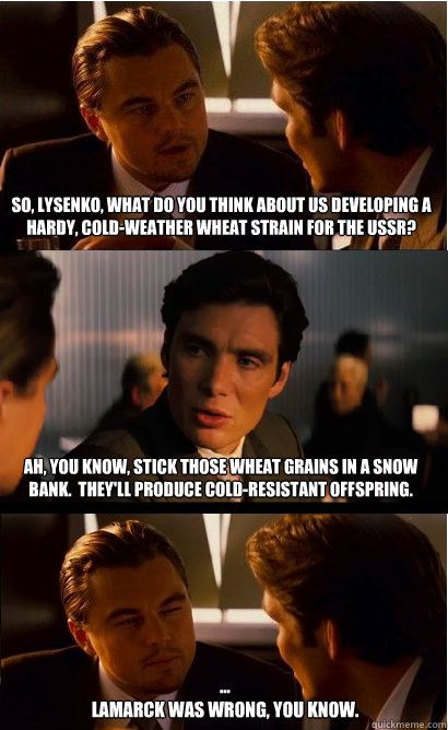 So, Lysenko, what do you think about us developing a hardy, cold-weather wheat strain for the USSR? Ah, you know, stick those wheat grains in a snow bank.  They'll produce cold-resistant offspring. ...
Lamarck was wrong, you know. - So, Lysenko, what do you think about us developing a hardy, cold-weather wheat strain for the USSR? Ah, you know, stick those wheat grains in a snow bank.  They'll produce cold-resistant offspring. ...
Lamarck was wrong, you know.  Inception Meme