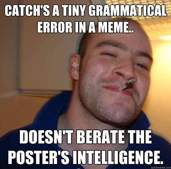 Catch's a tiny grammatical error in a meme.. Doesn't berate the poster's intelligence. - Catch's a tiny grammatical error in a meme.. Doesn't berate the poster's intelligence.  Misc