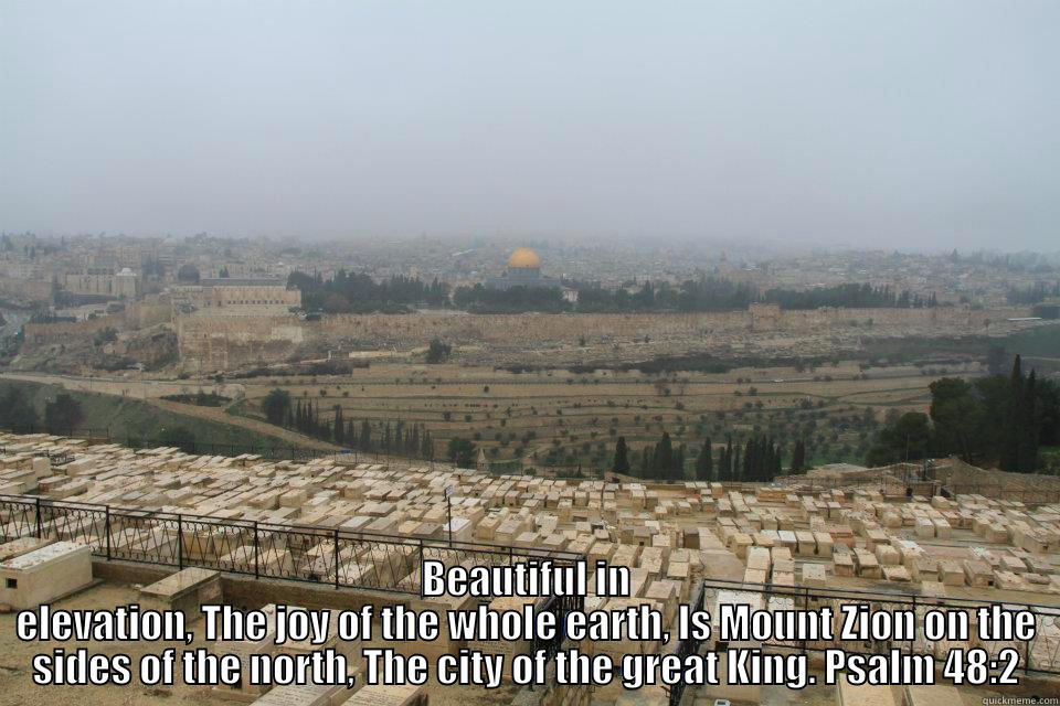  BEAUTIFUL IN ELEVATION, THE JOY OF THE WHOLE EARTH, IS MOUNT ZION ON THE SIDES OF THE NORTH, THE CITY OF THE GREAT KING. PSALM 48:2 Misc